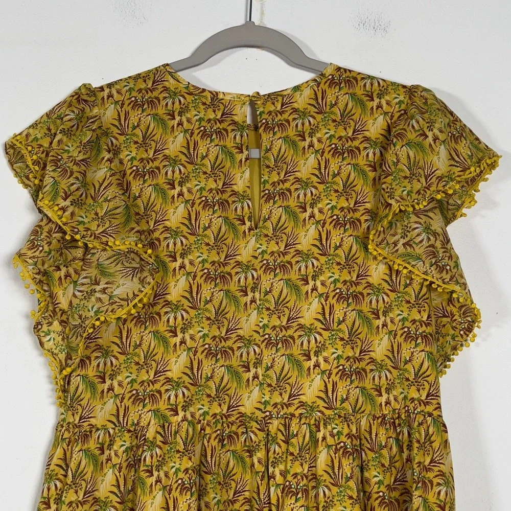 Ann Taylor Yellow Tropical Palm Print Maxi Dress Flutter Sleeve Pom‎ Pom Medium